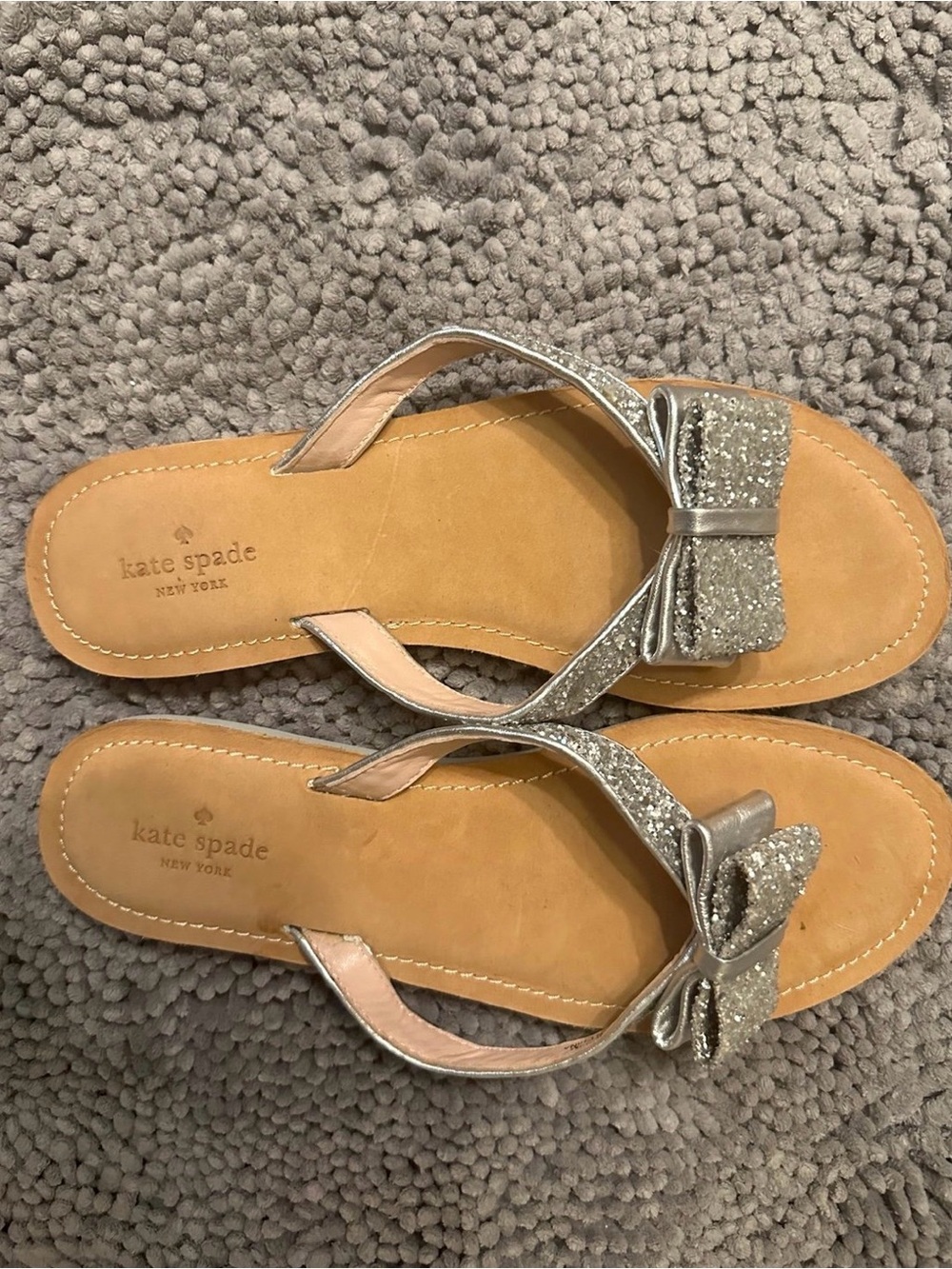 kate spade Silver Glitter Bow Flip Flop Sandals